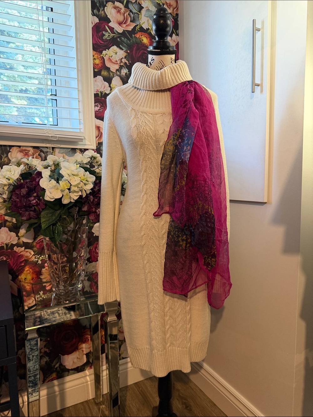 jonathan martin Cream Cable-Knit Turtleneck Dress with Magenta Scarf Accent